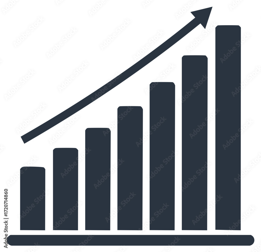 Poster rising bar graph with upward trend arrow representing growth and progress
