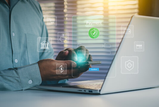 Entrepreneur using smartphone for online payment, digital financial technology, fintech concept, transfer money, online shopping, internet banking, bill payment, digital wallet, Health insurance, Fund - Powered by Adobe