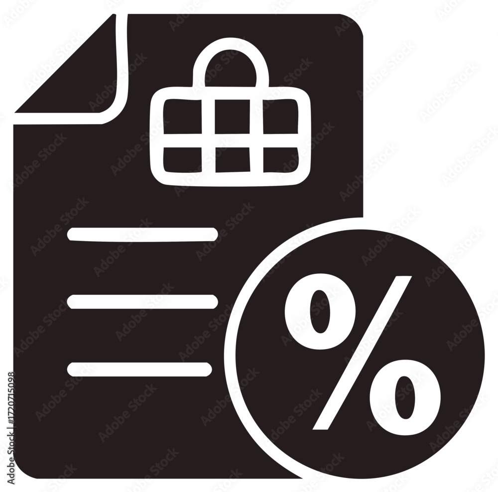 Poster icon of a secure document with a percentage symbol representing discounts and sales