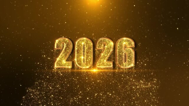 Glittering gold Class 2026 text black background sparkling effects. graduation invitations, Gold glitter shining light sparkles abstract celebration. Greeting festive card Merry holiday poster 3D 4K