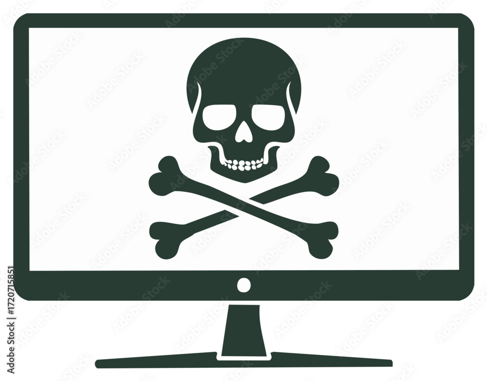 Poster digital threat warning icon with skull and crossbones on computer monitor display