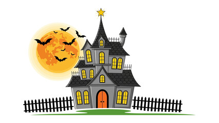Spooky Halloween Mansion Silhouette: An ominous haunted house silhouette against a vibrant full moon, and a playful gathering of bats creates an ideal illustration for any Halloween project. 