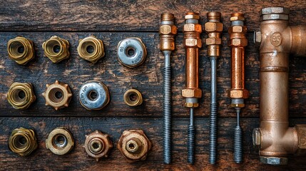 Plumbing tools and fittings on wooden background