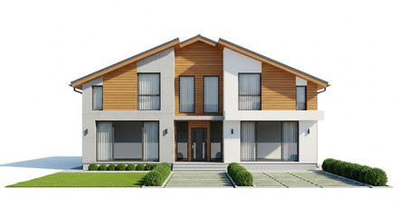 Elegant Two-Story Modern House Exterior with White and Wood Facade on transparent background