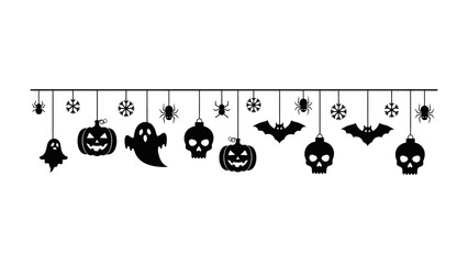 Obraz premium Spooky Halloween Decoration Banner: A whimsical garland of Halloween icons including pumpkin, skull, spider, and bat, creating a festive and spooky atmosphere.