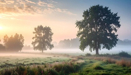 Misty Morning Landscape with Trees.