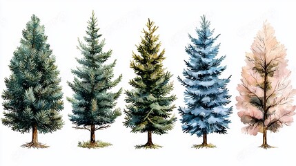 Watercolor illustration of various evergreen trees