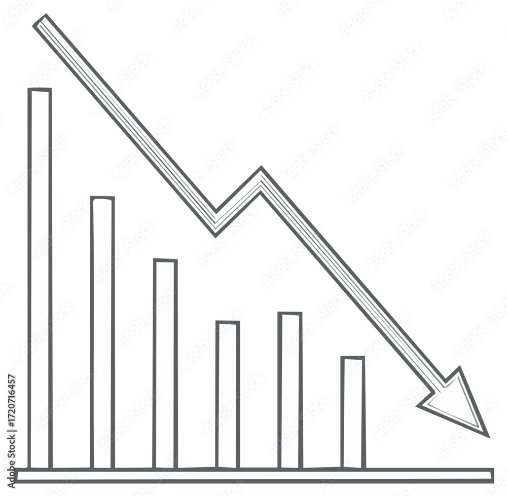 Poster bar graph illustrating a downward trend with a sharp descending arrow symbol