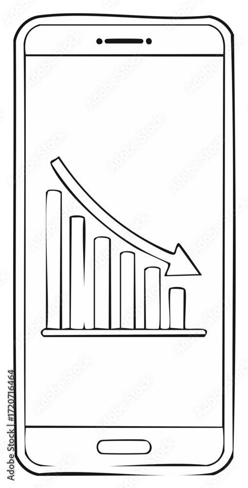 Poster doodle of a smartphone displaying a falling bar graph and arrow.
