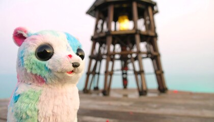 Colorful plush toy near a seaside structure