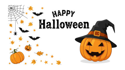 Happy Halloween Illustration: A festive Halloween-themed illustration featuring a jack-o'-lantern wearing a witch's hat, along with bats, spider webs, and autumn leaves.