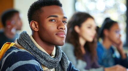 A young man in a classroom, wearing a sweater and a backpack, looking at the camera with a serious expression.