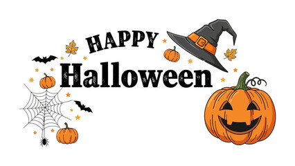Halloween Cheer: A festive Halloween illustration, featuring a smiling jack-o'-lantern, witch's hat, spider web, and autumn leaves, all proclaiming Happy Halloween in a whimsical, inviting style.