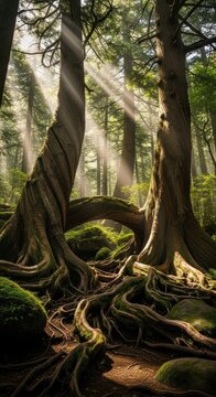 Mystical Ancient Forest with Ethereal Sun Rays Filtering Through Canopy and Intricate Moss-Covered Roots on the Forest Floor