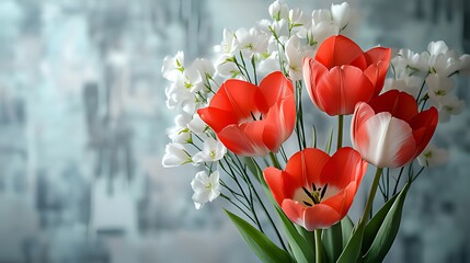 Vibrant Red & White Flower Bouquet Against Blurred Light Blue & White Background: Red Tulips with White Accents, White Blooms & Green Stems