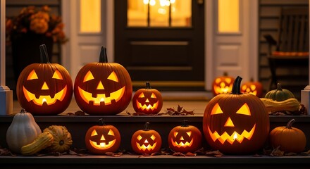 Obraz premium Spooky Halloween Pumpkins Glowing On A Porch At Night