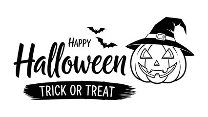 Happy Halloween Greeting: A charming Halloween greeting, perfect for festive season celebrations, featuring a carved pumpkin with a witch's hat and bats.