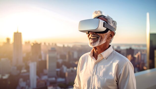 Elderly man using VR headset on city rooftop