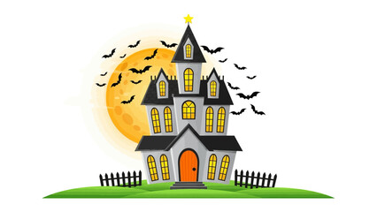 Spooky Castle Illustration: A haunted castle stands silhouetted against a full moon, surrounded by bats. This eerie illustration sets the stage for Halloween.