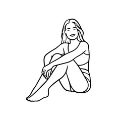 Black and white line art of a beautiful woman relaxing by the beach minimalist peaceful illustration