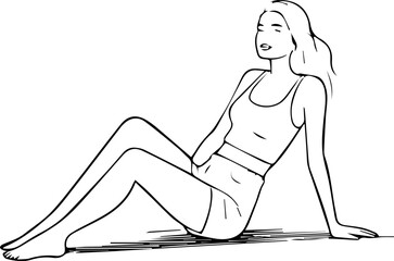 Black and white line art of a beautiful woman relaxing by the beach minimalist peaceful illustration