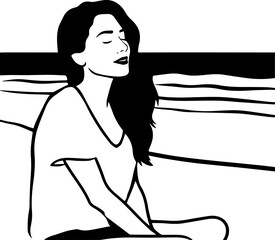 Black and white line art of a beautiful woman relaxing by the beach minimalist peaceful illustration
