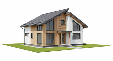 Modern Detached House with Slanted Roof and Wood Accents on Isolated transparent background