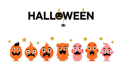 Spooky Halloween Monsters: A gathering of whimsical, cartoonish Halloween monsters display a range of emotions, surrounded by festive Halloween elements, evoking the spirit of All Hallows' Eve.