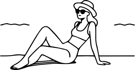 Black and white line art of a beautiful woman relaxing by the beach minimalist peaceful illustration