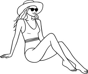 Black and white line art of a beautiful woman relaxing by the beach minimalist peaceful illustration