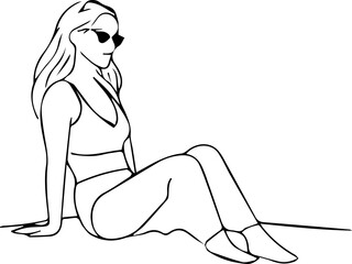 Black and white line art of a beautiful woman relaxing by the beach minimalist peaceful illustration