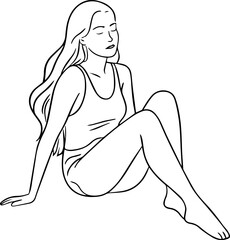 Black and white line art of a beautiful woman relaxing by the beach minimalist peaceful illustration