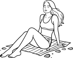 Black and white line art of a beautiful woman relaxing by the beach minimalist peaceful illustration