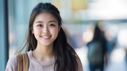 A young woman with long hair smiling in a busy city environment.