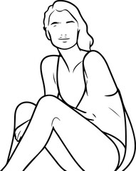 Black and white line art of a beautiful woman relaxing by the beach minimalist peaceful illustration
