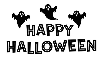 Happy Halloween greeting with ghost: A seasonal greeting displaying the cheerful phrase, Happy Halloween, accompanied by three whimsical ghost illustrations.