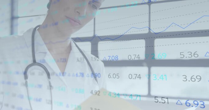 Doctor opening folder and scanning charts while interpreting health data, animated graphs updating - Powered by Adobe