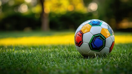 Obraz premium A soccer ball on a grassy field with a blurred background of trees and sunlight.