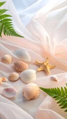 Serene Seaside Still Life with Starfish and Shells on Pink Sand-like Surface and Lace Backdrop