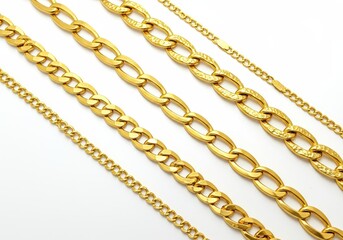 Various styles of gold chains isolated on white background