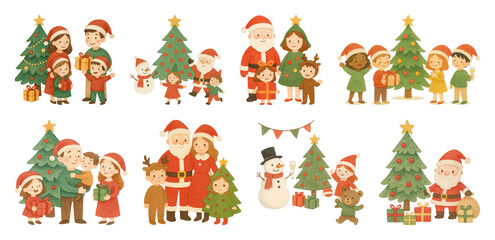 PNG Festive holiday family illustrations, element set on transparent background
