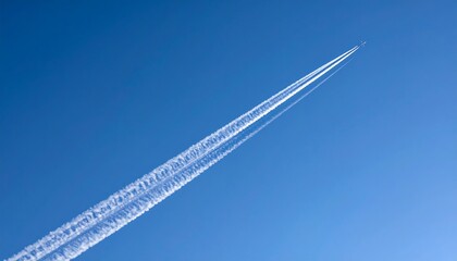 Contrails streak across a clear blue sky