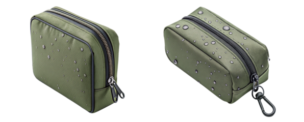 Stylish olive green toiletry bag with water droplet textures, ideal for travel essentials and personal care organization on the go, with modern design elements