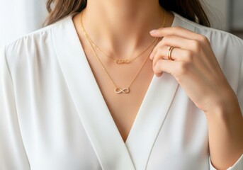 Casual refined scene of woman wearing minimalist gold infinity necklace