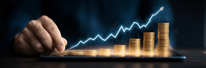 Banner businessman hand touch arrow upward digital tablet display financial chart golden coin stack.