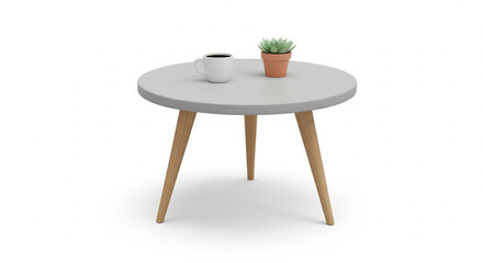 Minimalist Round Wooden Coffee Table with Plant and Coffee Cup on Isolated transparent background