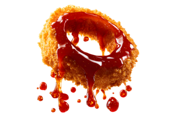 Fried onion ring floating with ketchup splash isolated on transparent background