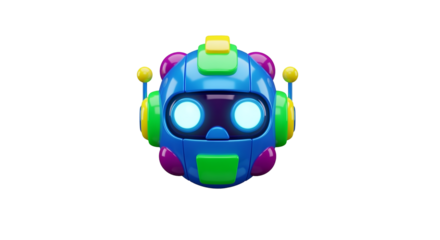 Colorful Robot Head with Bright Eyes and Vibrant Colors on Transparent Background