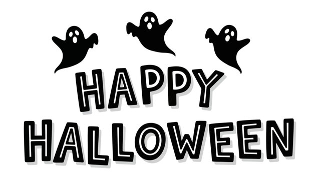 Spooky Season Greetings: A chillingly cute ensemble of spectral beings dances above the vibrant letters spelling 'Happy Halloween'. A festive graphic capture the essence of Halloween's spooky cheer.