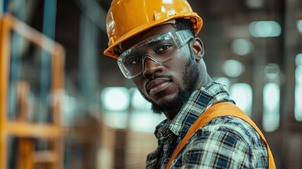 A man in a hard hat and safety glasses standing in a warehouse.